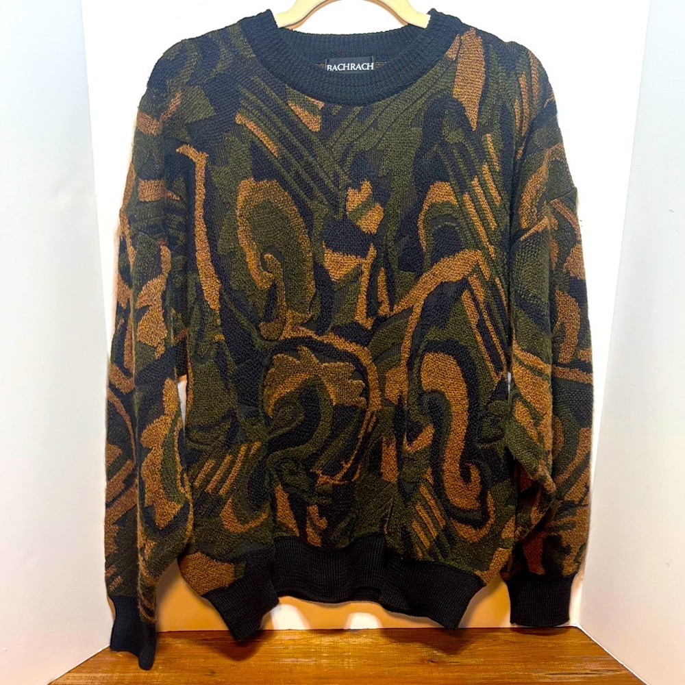 Vintage 1980’s Bachrach Men's Abstract Pattern Sweater - Olive and Chestnut